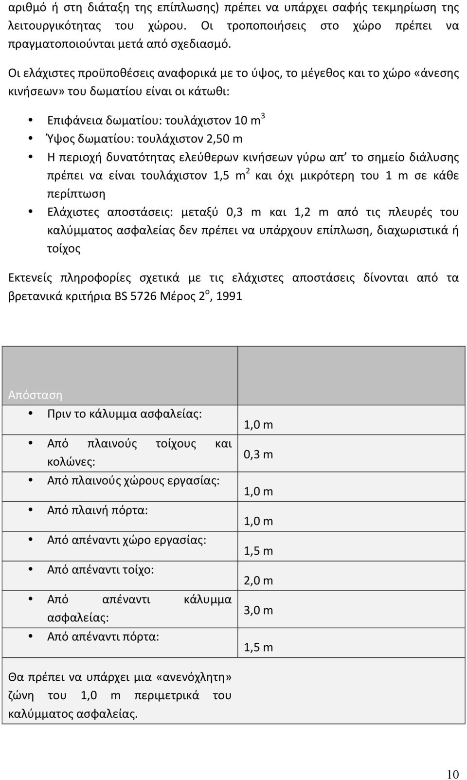 περιοχή δυνατότητας ελεύθερων κινήσεων γύρω απ το σημείο διάλυσης πρέπει να είναι τουλάχιστον 1,5 m 2 και όχι μικρότερη του 1 m σε κάθε περίπτωση Ελάχιστες αποστάσεις: μεταξύ 0,3 m και 1,2 m από τις