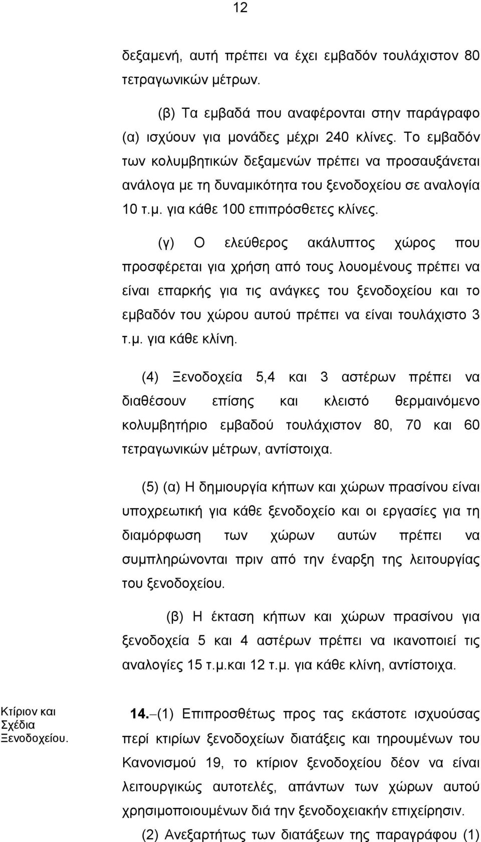 (γ) Ο ελεύθερος ακάλυπτος χώρος που προσφέρεται για χρήση από τους λουομένους πρέπει να είναι επαρκής για τις ανάγκες του ξενοδοχείου και το εμβαδόν του χώρου αυτού πρέπει να είναι τουλάχιστο 3 τ.μ. για κάθε κλίνη.