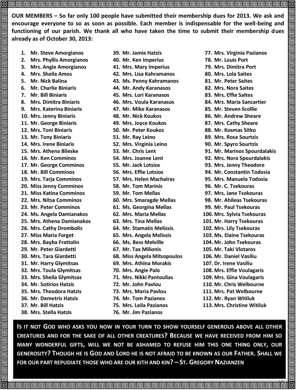 Steve Amorgianos 2. Mrs. Phyllis Amorgianos 3. Mrs. Angie Amorgianos 4. Mrs. Sheila Amos 5. Mr. Nick Balina 6. Mr. Charlie Biniaris 7. Mr. Bill Biniaris 8. Mrs. Dimitra Biniaris 9. Mrs. Katerina Biniaris 10.