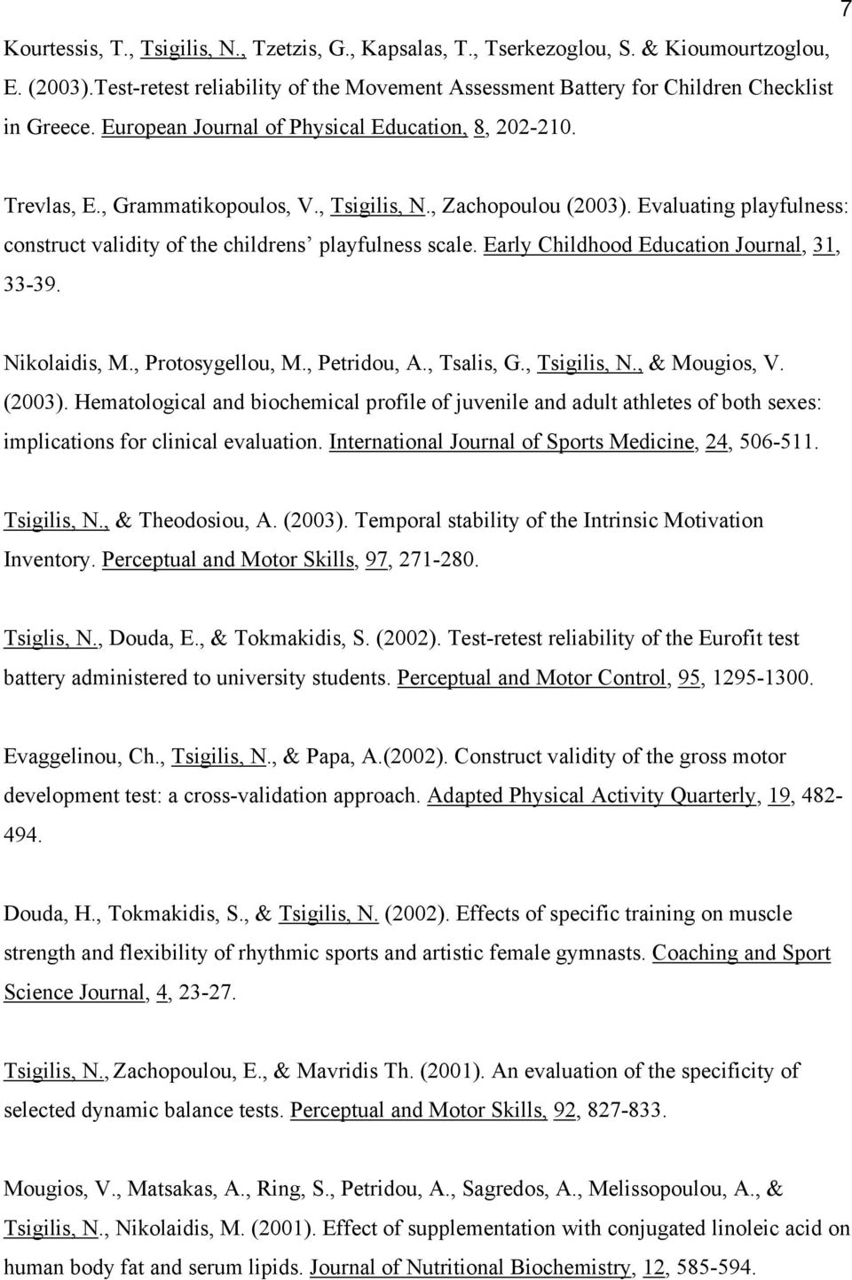 Early Childhood Education Journal, 31, 33-39. Nikolaidis, M., Protοsygellou, M., Petridou, A., Tsalis, G., Tsigilis, N., & Mougios, V. (2003).