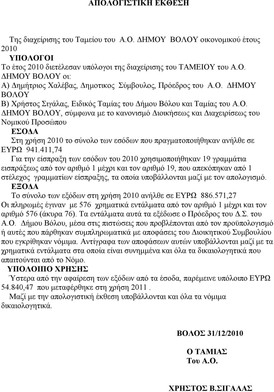 411,74 Για την είσπραξη των εσόδων του 2010 χρησιμοποιήθηκαν 19 γραμμάτια εισπράξεως από τον αριθμό 1 μέχρι και τον αριθμό 19, που απεκόπηκαν από 1 στέλεχος γραμματίων είσπραξης, τα οποία