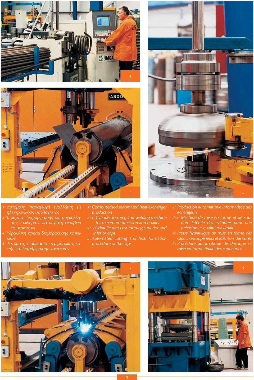 Hydraulic press for forming superior and inferior caps 5: Automated cutting and final formation procedure of the caps 1: Production automatique informatisée des échangeurs 23: Machine de mise en