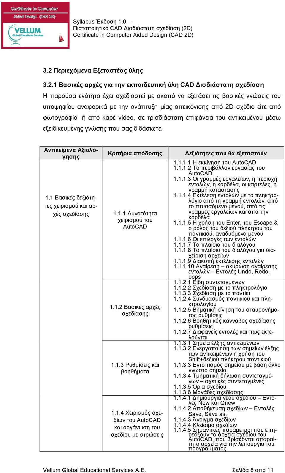 Αντικείμενα Αξιολόγησης 1.1 Βασικές δεξιότητες χειρισµού και αρχές σχεδίασης Κριτήρια απόδοσης 1.1.1 Δυνατότητα χειρισµού του AutoCAD 1.1.2 Βασικές αρχές σχεδίασης 1.1.3 Ρυθµίσεις και βοηθήματα 1.1.4 Χειρισµός σχεδίων του AutoCAD και οργάνωση του σχεδίου µε στρώσεις Δεξιότητες που θα εξεταστούν 1.