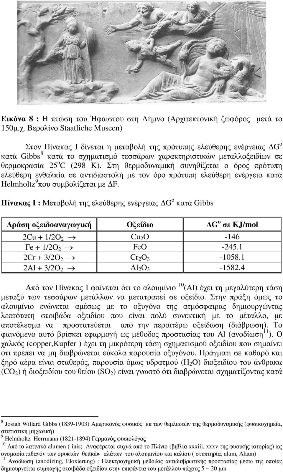 Βερολίνο Staatliche Museen) Στον Πίνακας I δίνεται η µεταβολή της πρότυπης ελεύθερης ενέργειας Go κατά Gibbs8 κατά το σχηµατισµό τεσσάρων χαρακτηριστικών µεταλλοξειδίων σε θερµοκρασία 25οC (298 Κ).