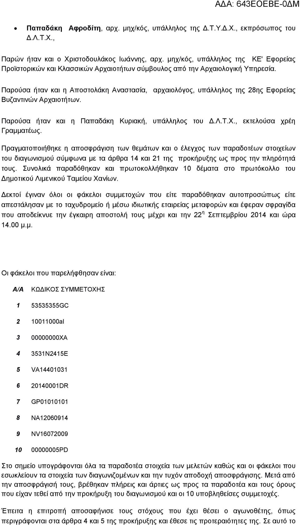Παρούσα ήταν και η Αποστολάκη Αναστασία, αρχαιολόγος, υπάλληλος της 28ης Εφορείας Βυζαντινών Αρχαιοτήτων. Παρούσα ήταν και η Παπαδάκη Κυριακή, υπάλληλος του εκτελούσα χρέη Γραμματέως.
