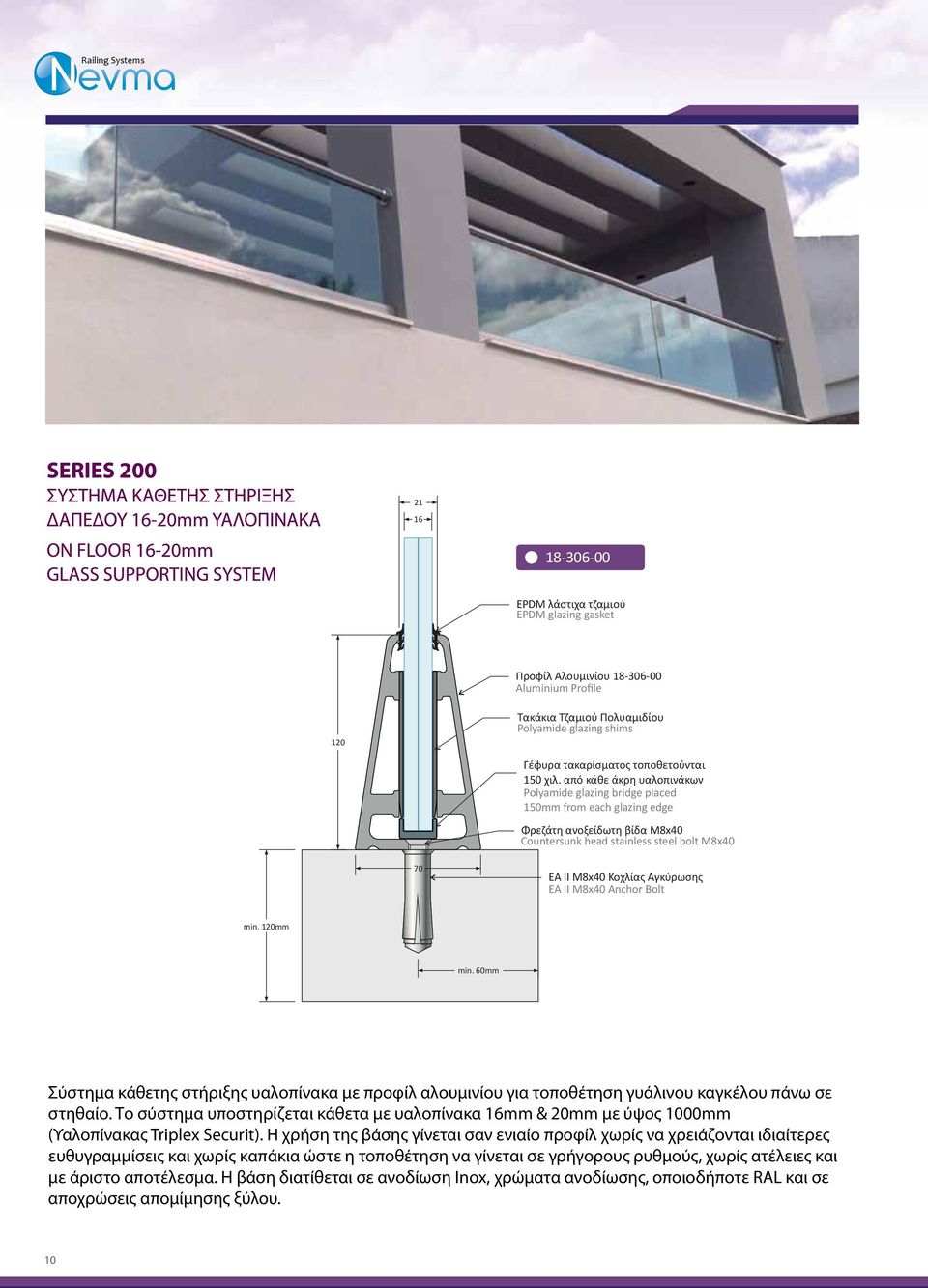 από κάθε άκρη υαλοπινάκων Polyamide glazing bridge placed 150mm from each glazing edge Φρεζάτη ανοξείδωτη βίδα M8x40 Countersunk head stainless steel bolt M8x40 70 EA II M8x40 Κοχλίας Αγκύρωσης EA II