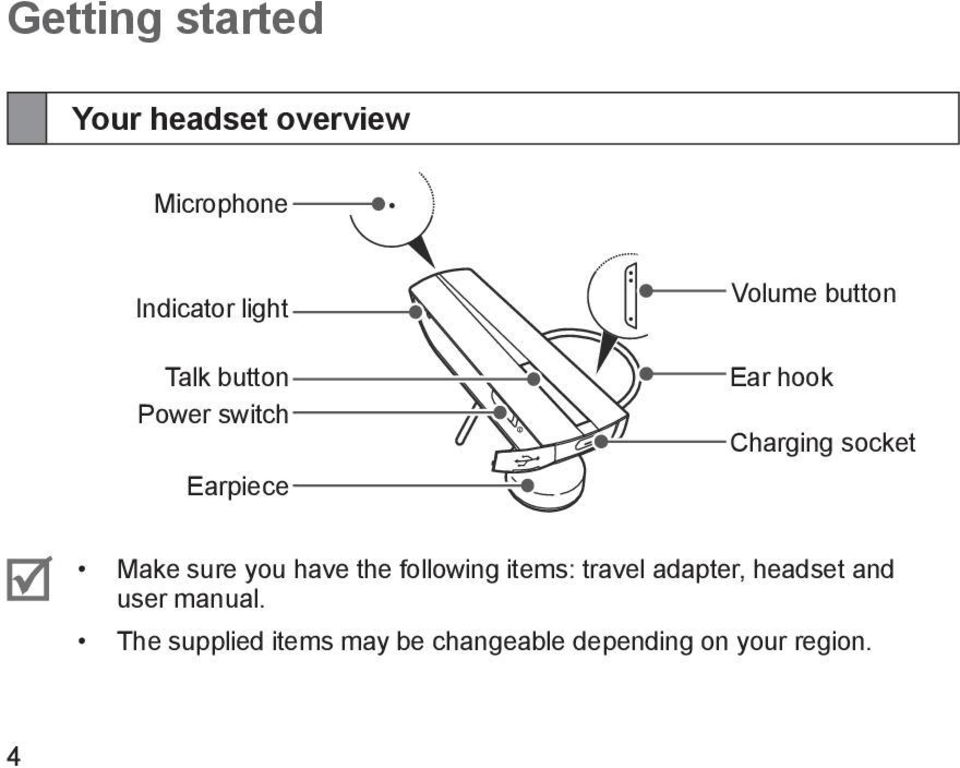 Make sure you have the following items: travel adapter, headset and