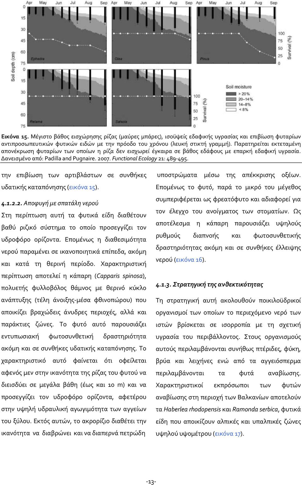 Functional Ecology 21: 489 495. την επιβίωση των αρτιβλάστων σε συνθήκες υδατικής καταπόνησης (εικόνα 15). 4.1.2.2. Αποφυγή με σπατάλη νερού Στη περίπτωση αυτή τα φυτικά είδη διαθέτουν βαθύ ριζικό σύστημα το οποίο προσεγγίζει τον υδροφόρο ορίζοντα.