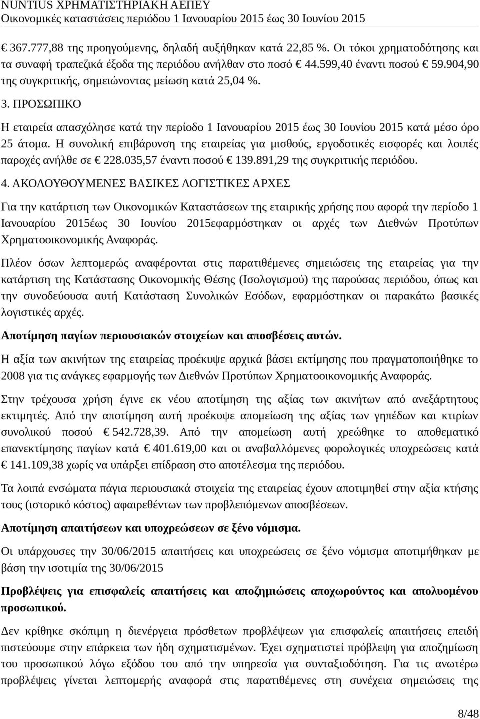 Η συνολική επιβάρυνση της εταιρείας για μισθούς, εργοδοτικές εισφορές και λοιπές παροχές ανήλθε σε 228.035,57 έναντι ποσού 139.891,29 της συγκριτικής περιόδου. 4.