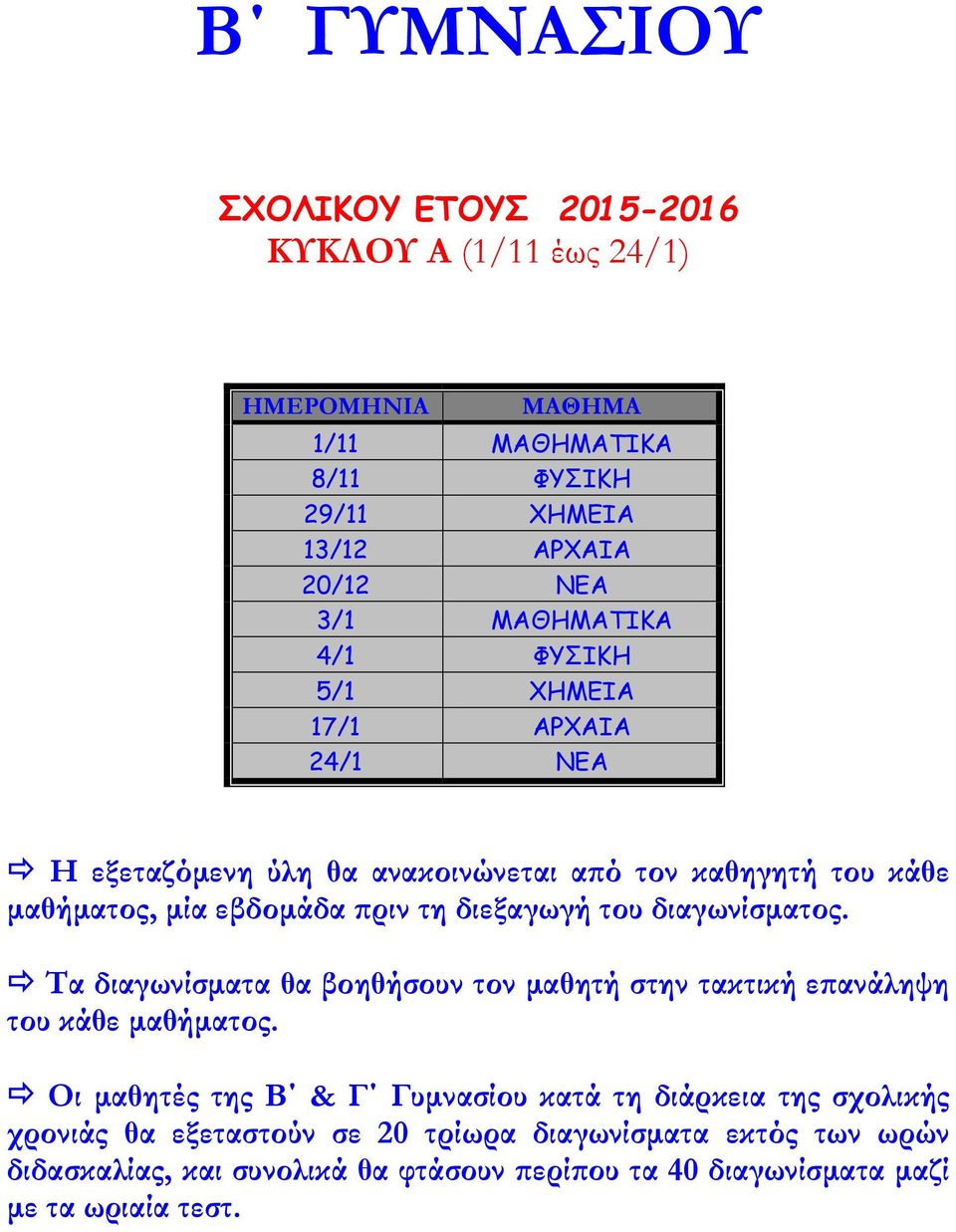 διεξαγωγή του διαγωνίσματος. Τα διαγωνίσματα θα βοηθήσουν τον μαθητή στην τακτική επανάληψη του κάθε μαθήματος.