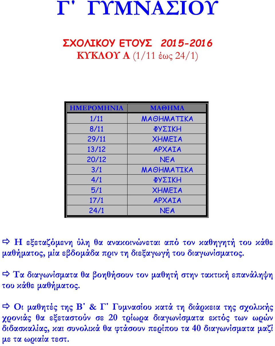 διεξαγωγή του διαγωνίσματος. Τα διαγωνίσματα θα βοηθήσουν τον μαθητή στην τακτική επανάληψη του κάθε μαθήματος.