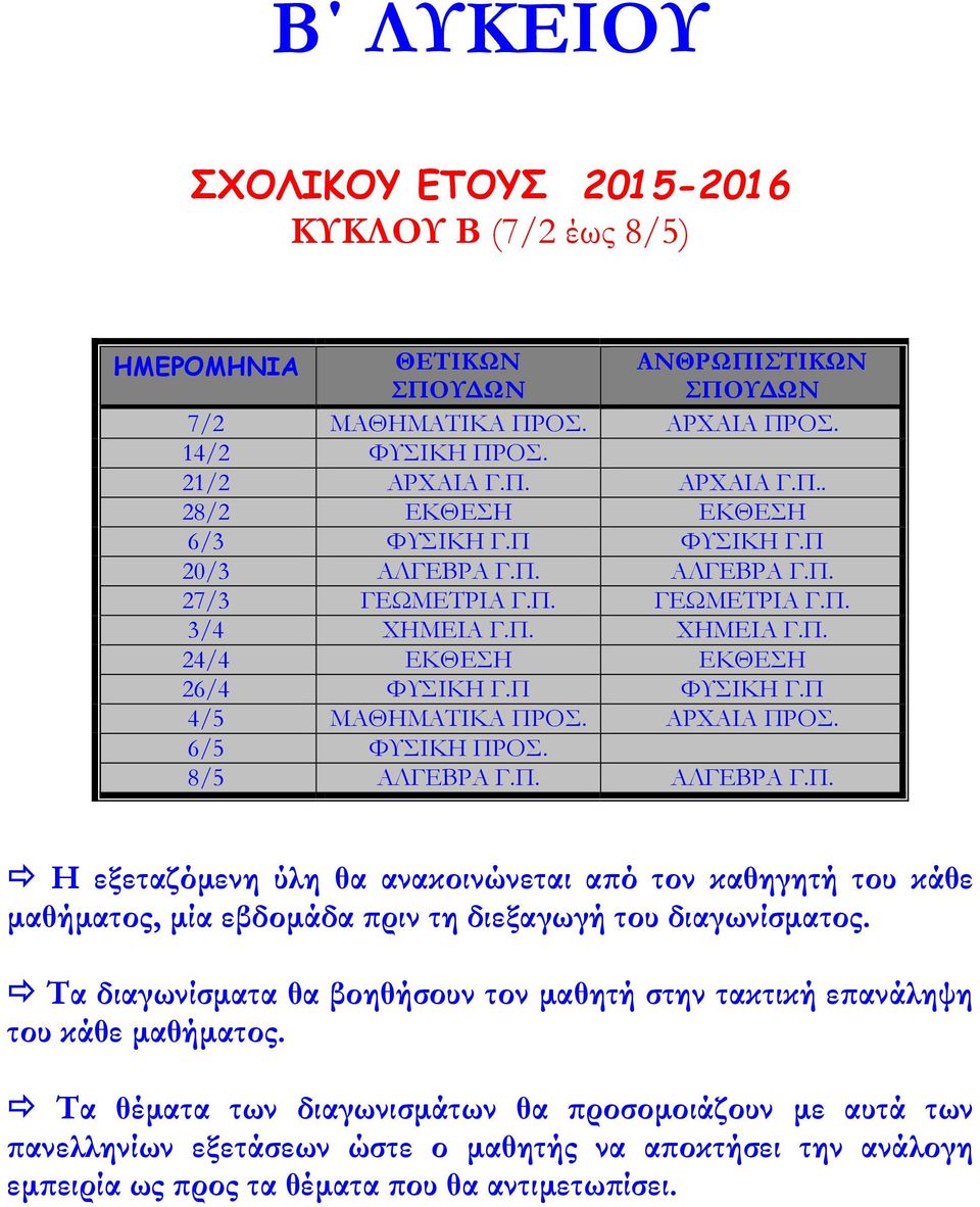 6/5 ΦΥΣΙΚΗ ΠΡΟΣ. 8/5 ΑΛΓΕΒΡΑ Γ.Π. ΑΛΓΕΒΡΑ Γ.Π. Η εξεταζόμενη ύλη θα ανακοινώνεται από τον καθηγητή του κάθε μαθήματος, μία εβδομάδα πριν τη διεξαγωγή του διαγωνίσματος.