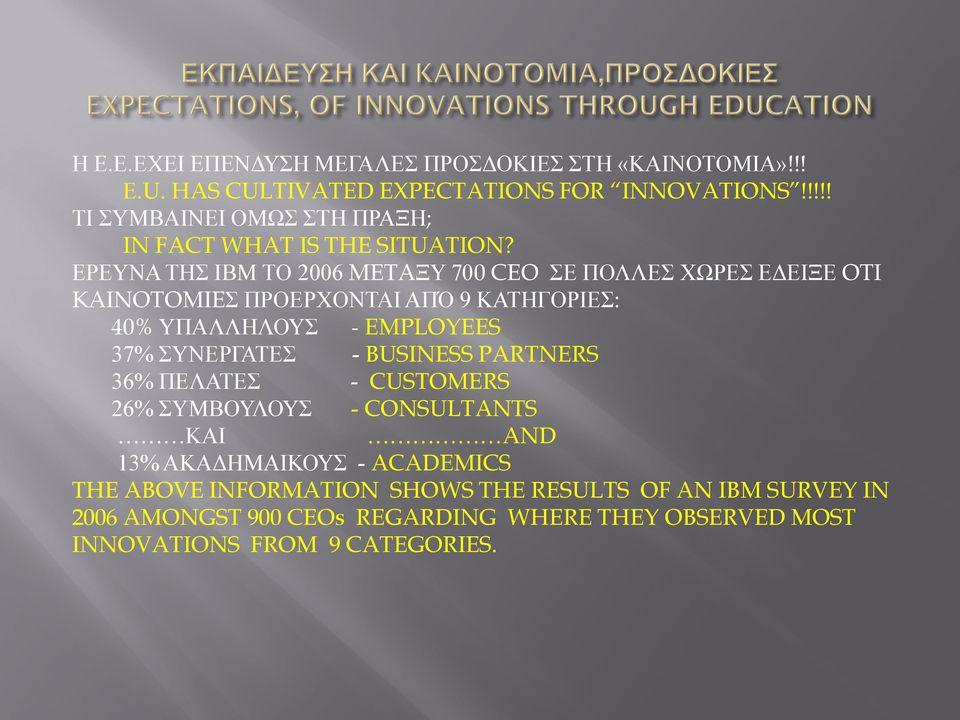 ΕΡΕΥΝΑ ΤΗΣ ΙΒΜ ΤΟ 2006 METAΞΥ 700 CEO ΣΕ ΠΟΛΛΕΣ ΧΩΡΕΣ ΕΔΕΙΞΕ OTI KAINOTOMIEΣ ΠΡΟΕΡΧΟΝΤΑΙ ΑΠΌ 9 ΚΑΤΗΓΟΡΙΕΣ: 40% ΥΠΑΛΛΗΛΟΥΣ - EMPLOYEES 37%