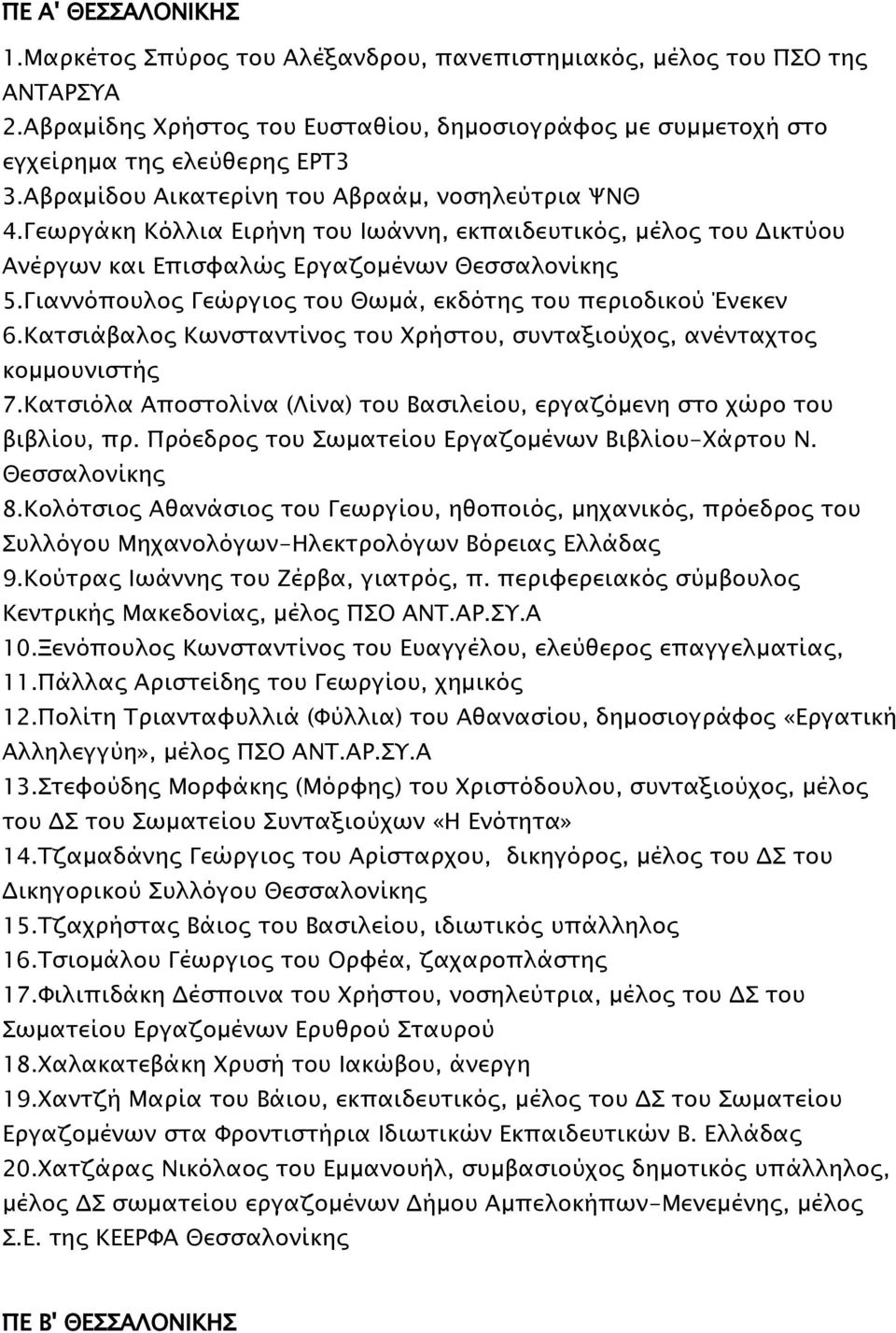 Γιαννόπουλος Γεώργιος του Θωμά, εκδότης του περιοδικού Ένεκεν 6.Κατσιάβαλος Κωνσταντίνος του Χρήστου, συνταξιούχος, ανένταχτος κομμουνιστής 7.