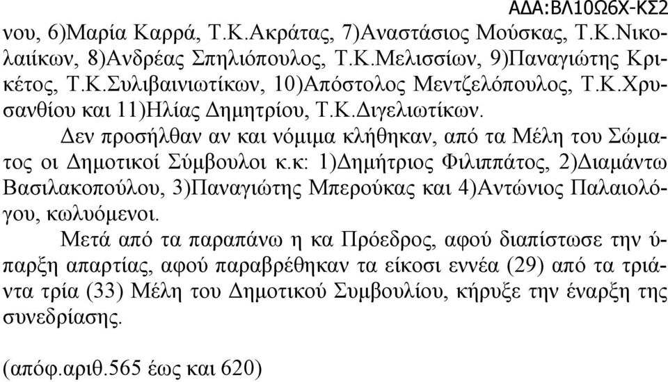 κ: 1)Δημήτριος Φιλιππάτος, 2)Διαμάντω Βασιλακοπούλου, 3)Παναγιώτης Μπερούκας και 4)Αντώνιος Παλαιολόγου, κωλυόμενοι.