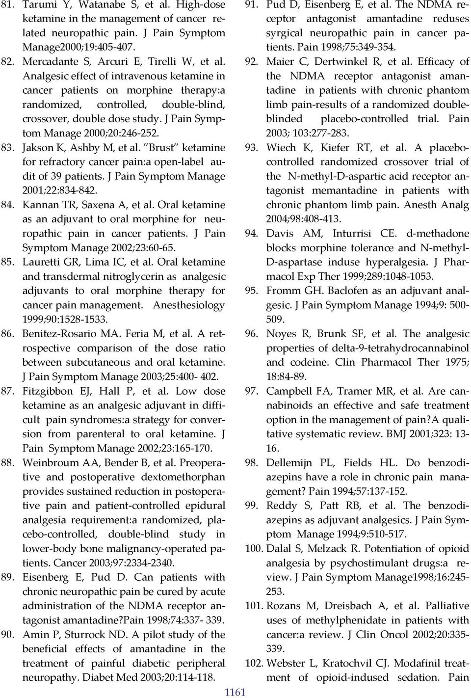 Jakson K, Ashby M, et al. Brust ketamine for refractory cancer pain:a open label audit of 39 patients. J Pain Symptom Manage 2001;22:834 842. 84. Kannan TR, Saxena A, et al.