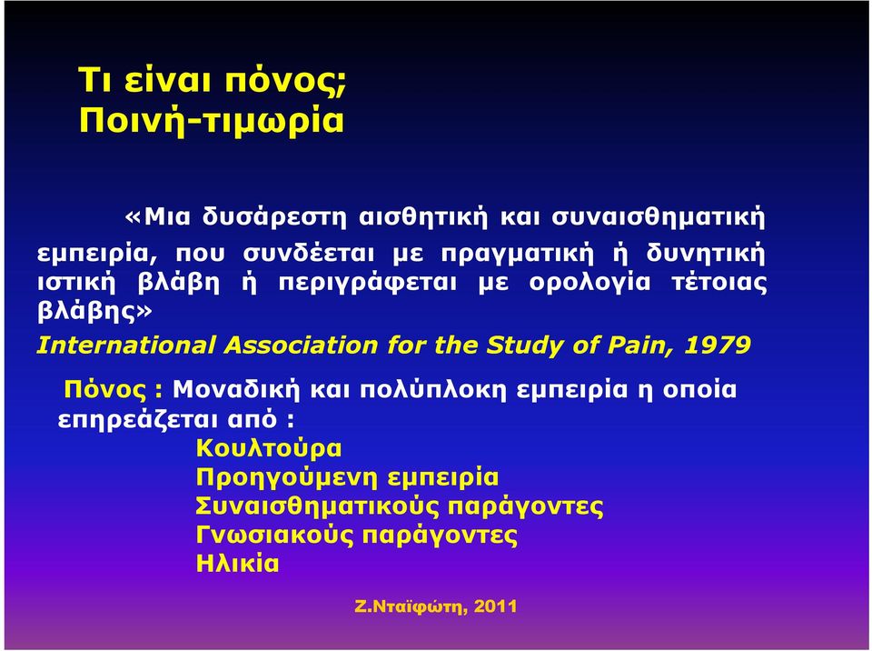 International Association for the Study of Pain, 1979 Πόνος : Μοναδική και πολύπλοκη εμπειρία η