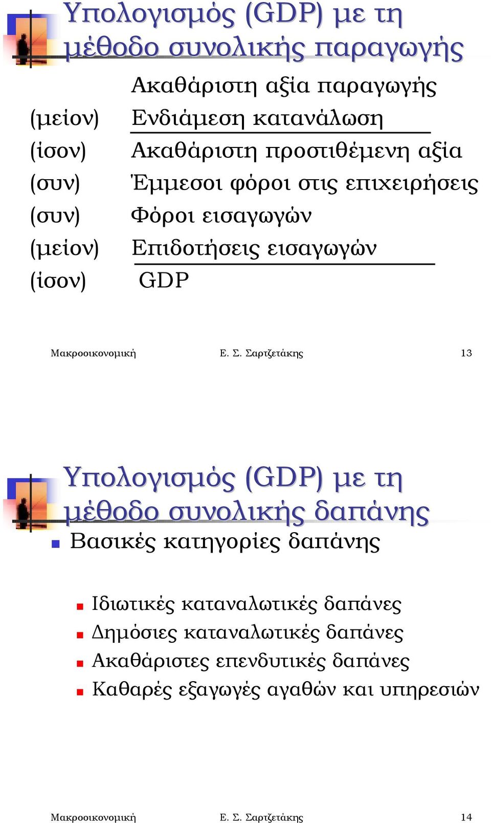 Ε. Σ. Σαρτζετάκης 13 Υπολογισμός (GDP( GDP) ) με τη μέθοδο συνολικής δαπάνης! Βασικές κατηγορίες δαπάνης!