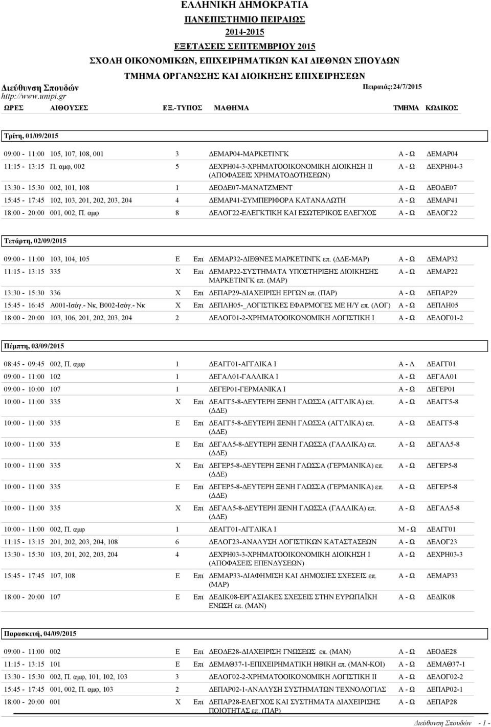 ΩΡΕΣ ΑΙΘΟΥΣΕΣ ΕΞ.-ΤΥΠΟΣ ΜΑΘΗΜΑ ΤΜΗΜΑ ΚΩΔΙΚΟΣ Τρίτη, 01/09/2015 09:00-11:00 105, 107, 108, 001 3 ΔΕΜΑΡ04-ΜΑΡΚΕΤΙΝΓΚ ΔΕΜΑΡ04 11:15-13:15 Π.