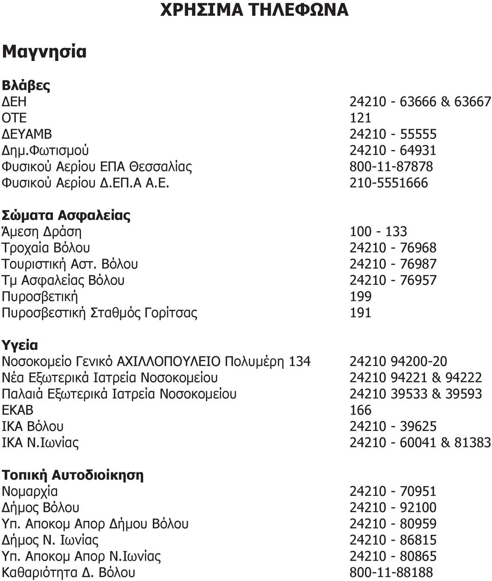 24210 94221 & 94222 Παλαιά Εξωτερικά Ιατρεία Νοσοκομείου 24210 39533 & 39593 ΕΚΑΒ 166 ΙΚΑ Βόλου 24210-39625 ΙΚΑ Ν.