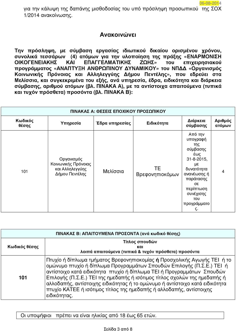 επιχειρησιακού προγράµµατος «ΑΝΑΠΤΥΞΗ ΑΝΘΡΩΠΙΝΟΥ ΥΝΑΜΙΚΟΥ» του ΝΠ «Οργανισµός Κοινωνικής Πρόνοιας και Αλληλεγγύης ήµου Πεντέλης», που εδρεύει στα Μελίσσια, και συγκεκριµένα του εξής, ανά υπηρεσία,