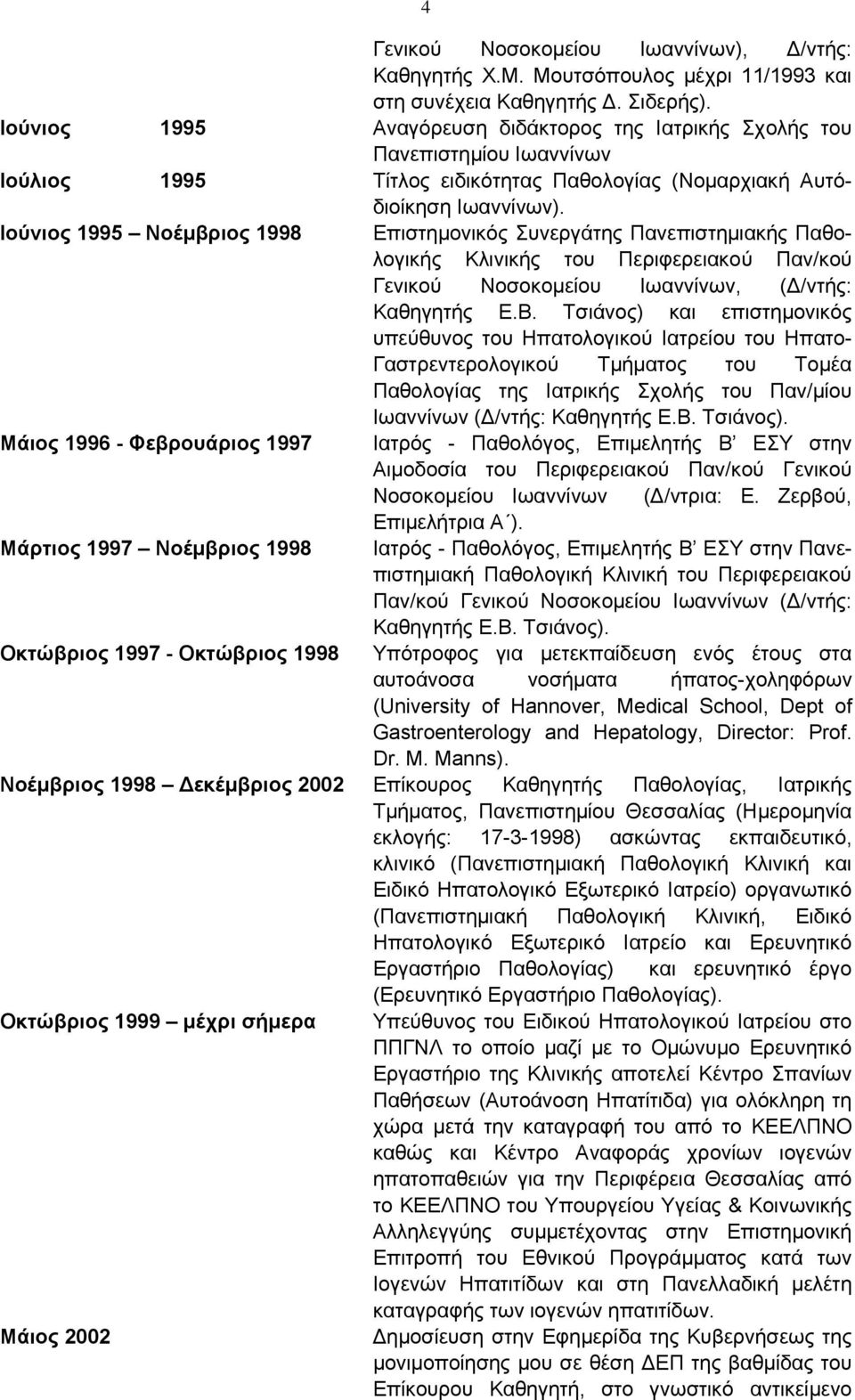 Ιούνιος 1995 Νοέμβριος 1998 Επιστημονικός Συνεργάτης Πανεπιστημιακής Παθολογικής Κλινικής του Περιφερειακού Παν/κού Γενικού Νοσοκομείου Ιωαννίνων, (Δ/ντής: Καθηγητής Ε.Β.