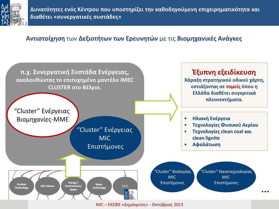 Cluster Ενέργειας MIC Επιστήμονες Έξυπνη εξειδίκευση Χάραξη στρατηγικού οδικού χάρτη, εστιάζοντας σε τομείς όπου η Ελλάδα διαθέτει συγκριτικά πλεονεκτήματα.