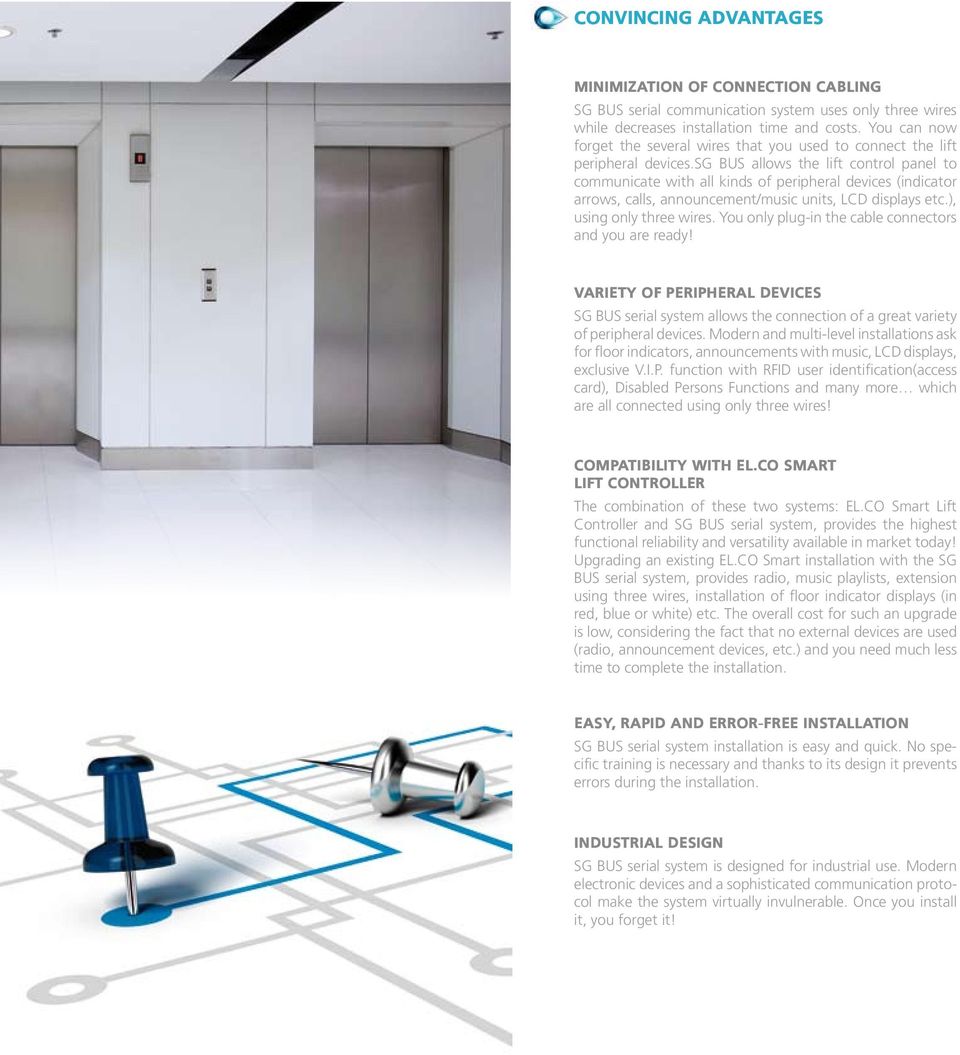 sg BUS allows the lift control panel to communicate with all kinds of peripheral devices (indicator arrows, calls, announcement/music units, LCD displays etc.), using only three wires.