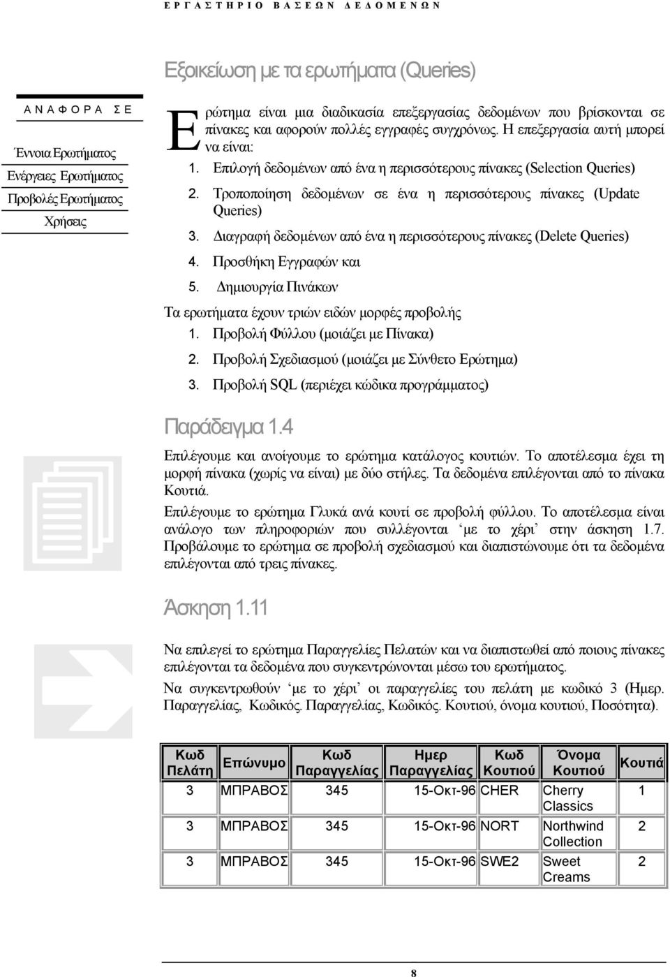 Τροποποίηση δεδομένων σε ένα η περισσότερους πίνακες (Update Queries) 3. Διαγραφή δεδομένων από ένα η περισσότερους πίνακες (Delete Queries) 4. Προσθήκη Εγγραφών και 5.