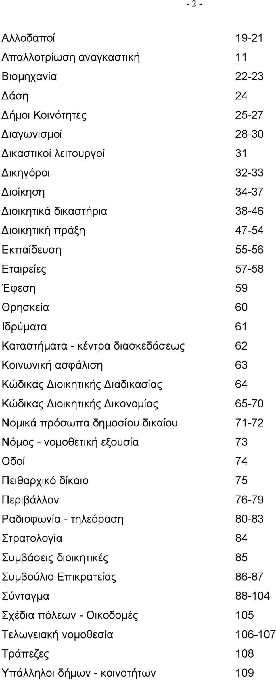 Διαδικασίας 64 Κώδικας Διοικητικής Δικονομίας 65-70 Νομικά πρόσωπα δημοσίου δικαίου 71-72 Νόμος - νομοθετική εξουσία 73 Οδοί 74 Πειθαρχικό δίκαιο 75 Περιβάλλον 76-79 Ραδιοφωνία -