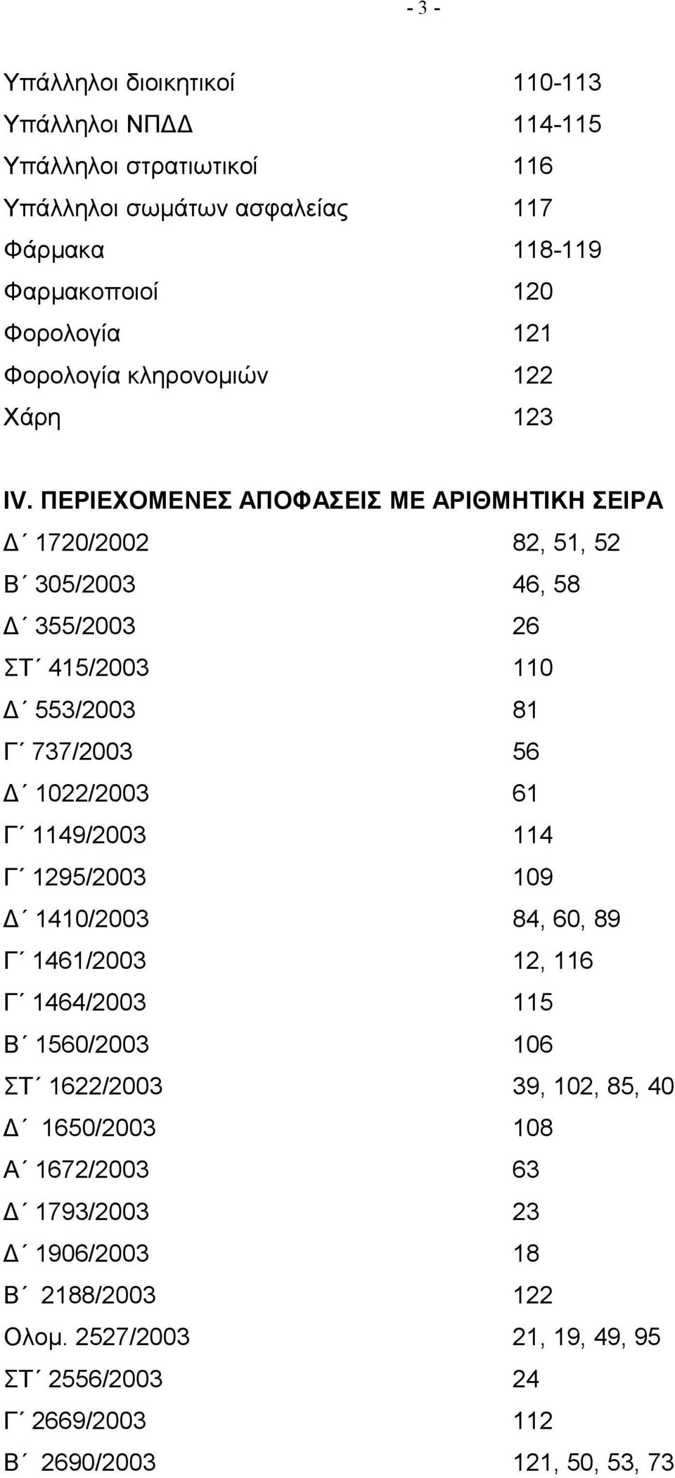 ΠΕΡΙΕΧΟΜΕΝΕΣ ΑΠΟΦΑΣΕΙΣ ΜΕ ΑΡΙΘΜΗΤΙΚΗ ΣΕΙΡΑ Δ 1720/2002 82, 51, 52 Β 305/2003 46, 58 Δ 355/2003 26 ΣΤ 415/2003 110 Δ 553/2003 81 Γ 737/2003 56 Δ 1022/2003 61 Γ