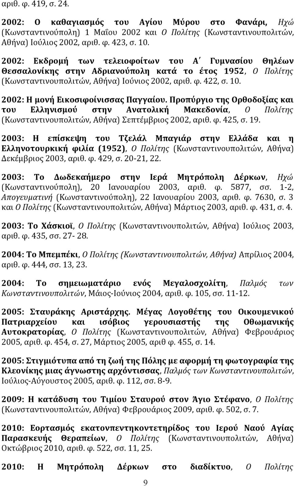 2002: H μονή Eικοσιφοίνισσας Παγγαίου. Προπύργιο της Oρθοδοξίας και του Eλληνισμού στην Aνατολική Mακεδονία, O Πολίτης (Κωνσταντινουπολιτών, Αθήνα) Σεπτέμβριος 2002, αριθ. φ. 425, σ. 19.