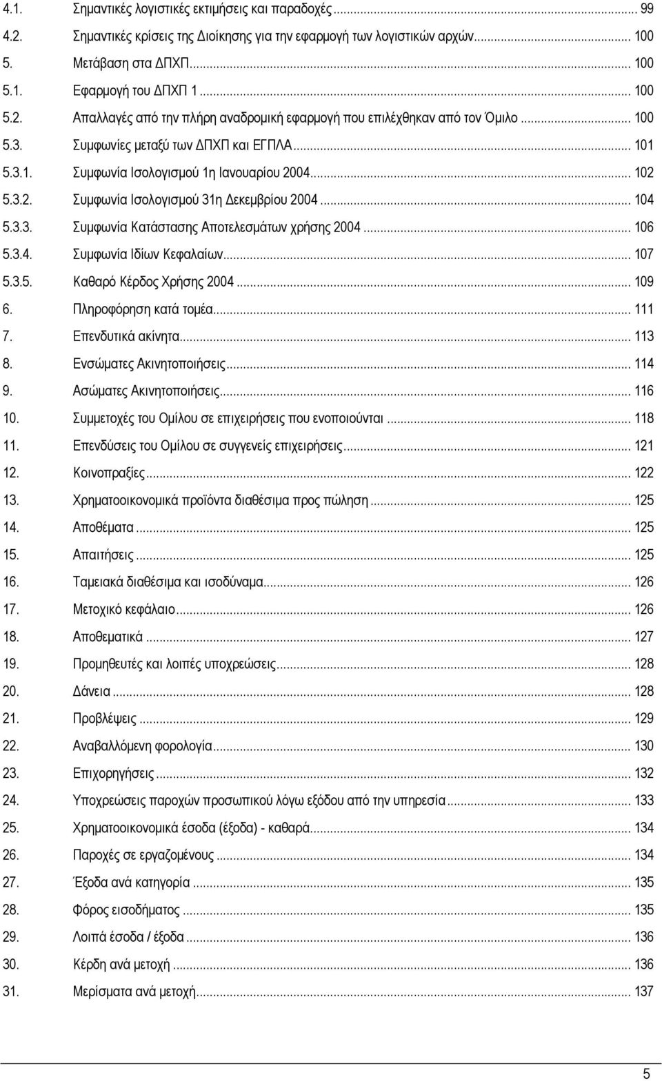 .. 104 5.3.3. Συμφωνία Κατάστασης Αποτελεσμάτων χρήσης 2004... 106 5.3.4. Συμφωνία Ιδίων Κεφαλαίων... 107 5.3.5. Καθαρό Κέρδος Χρήσης 2004... 109 6. Πληροφόρηση κατά τομέα... 111 7.