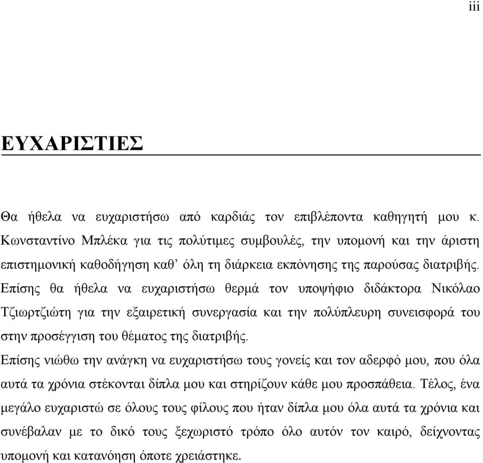 Επίσης θα ήθελα να ευχαριστήσω θερμά τον υποψήφιο διδάκτορα Νικόλαο Τζιωρτζιώτη για την εξαιρετική συνεργασία και την πολύπλευρη συνεισφορά του στην προσέγγιση του θέματος της διατριβής.