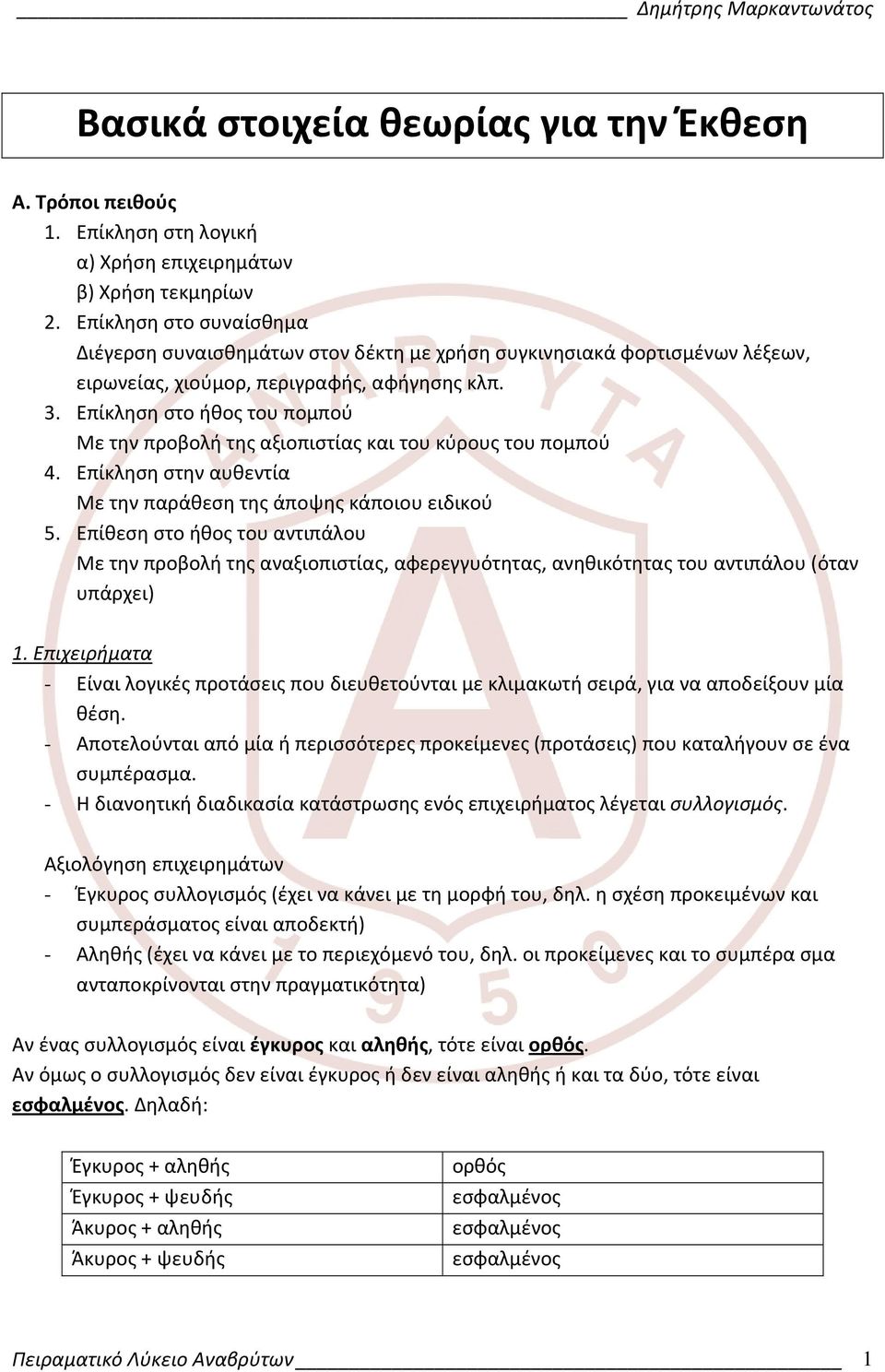 Επίκληση στο ήθος του πομπού Με την προβολή της αξιοπιστίας και του κύρους του πομπού 4. Επίκληση στην αυθεντία Με την παράθεση της άποψης κάποιου ειδικού 5.