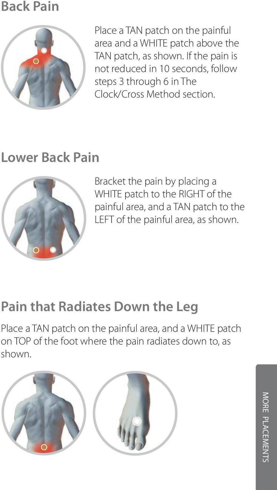Lower Back Pain Bracket the pain by placing a WHITE patch to the RIGHT of the painful area, and a TAN patch to the LEFT of the