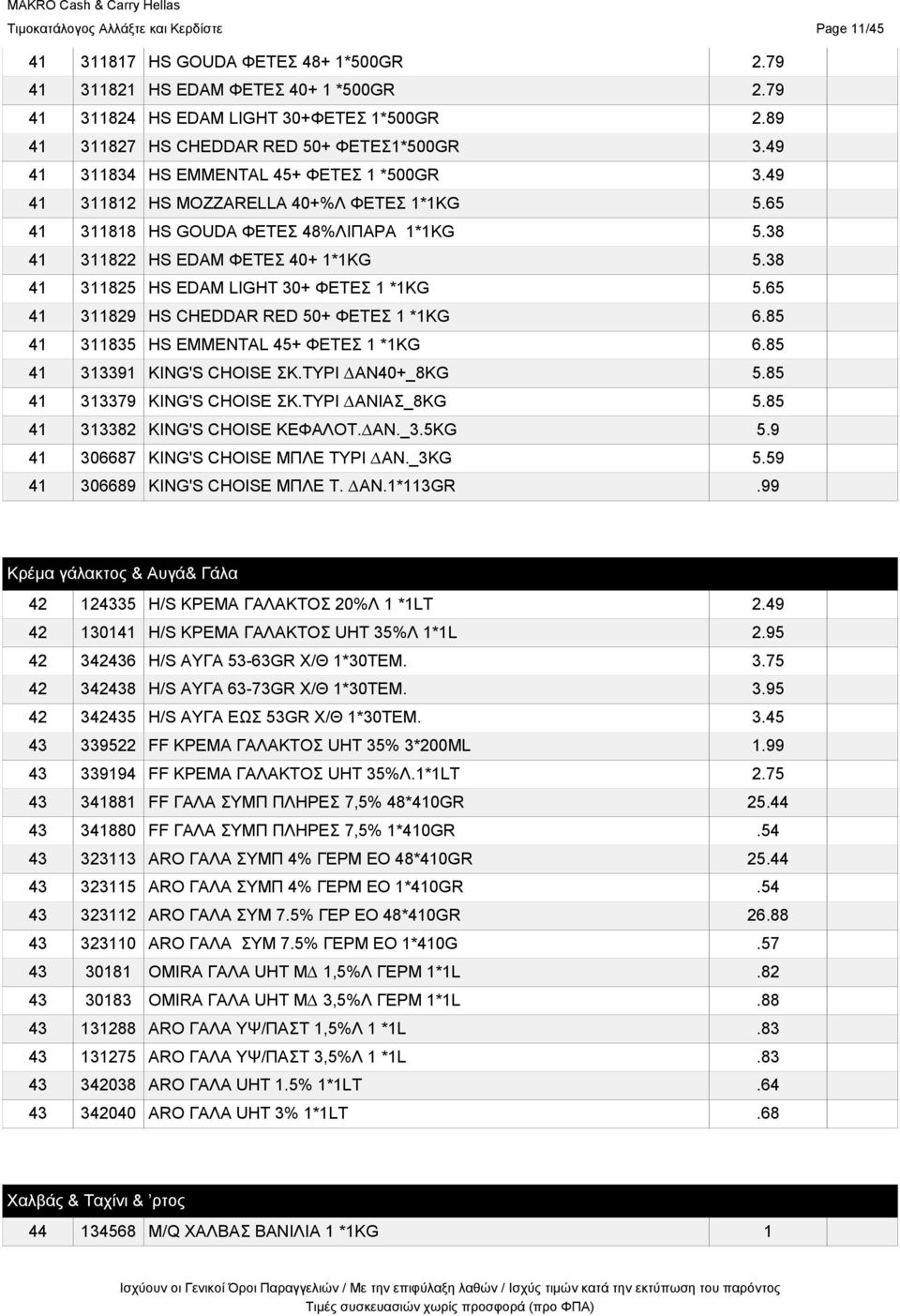 38 41 311822 HS EDAM ΦΕΤΕΣ 40+ 1*1KG 5.38 41 311825 HS EDAM LIGHT 30+ ΦΕΤΕΣ 1 *1KG 5.65 41 311829 HS CHEDDAR RED 50+ ΦΕΤΕΣ 1 *1KG 6.85 41 311835 HS EMMENTAL 45+ ΦΕΤΕΣ 1 *1KG 6.