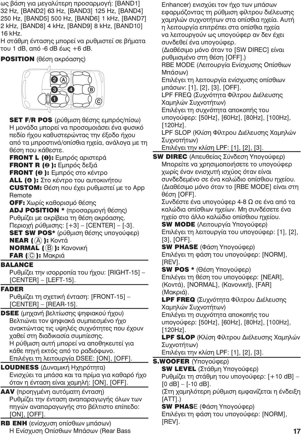 POSITION (θέση ακρόασης) SET F/R POS (ρύθμιση θέσης εμπρός/πίσω) Η μονάδα μπορεί να προσομοιάσει ένα φυσικό πεδίο ήχου καθυστερώντας την έξοδο ήχου από τα μπροστινά/οπίσθια ηχεία, ανάλογα με τη θέση