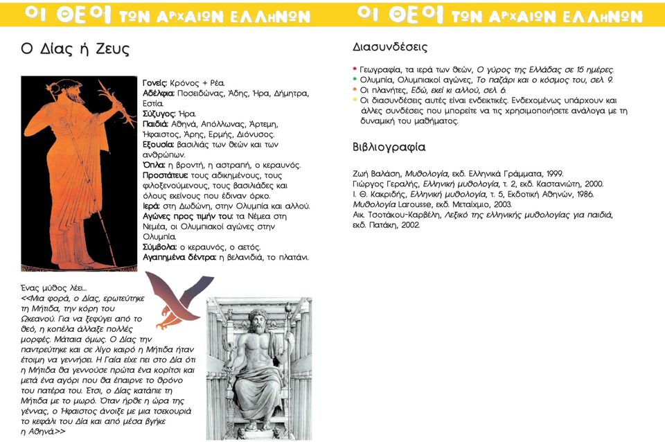 Ιερά στη Δωδώνη, στην Ολυμπία και αλλού. Αγώνες προς τιμήν του: τα Νέμεα στη Νεμέα, οι Ολυμπιακοί αγώνες στην Ολυμπία Σύμβολα: ο κεραυνός, ο αετός. Αγαπημένα δέντρα n Βελανιδιά, το πλατάνι.