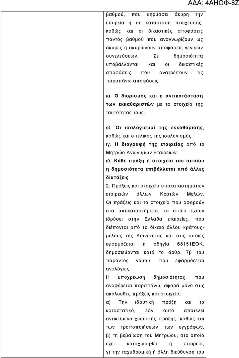 Οη ηζνινγηζκνί ηεο εθθαζάξηζεο, θαζώο θαη ν ηειηθόο ηεο ηζνινγηζκόο ηγ. Η δηαγξαθή ηεο εηαηξείαο από ην Μεηξών Αλσλύκσλ Δηαηξεηώλ. ηδ.