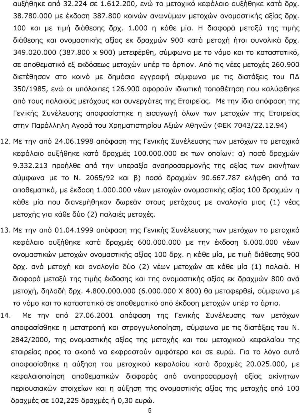 800 x 900) μετεφέρθη, σύμφωνα με το νόμο και το καταστατικό, σε αποθεματικό εξ εκδόσεως μετοχών υπέρ το άρτιον. Από τις νέες μετοχές 260.