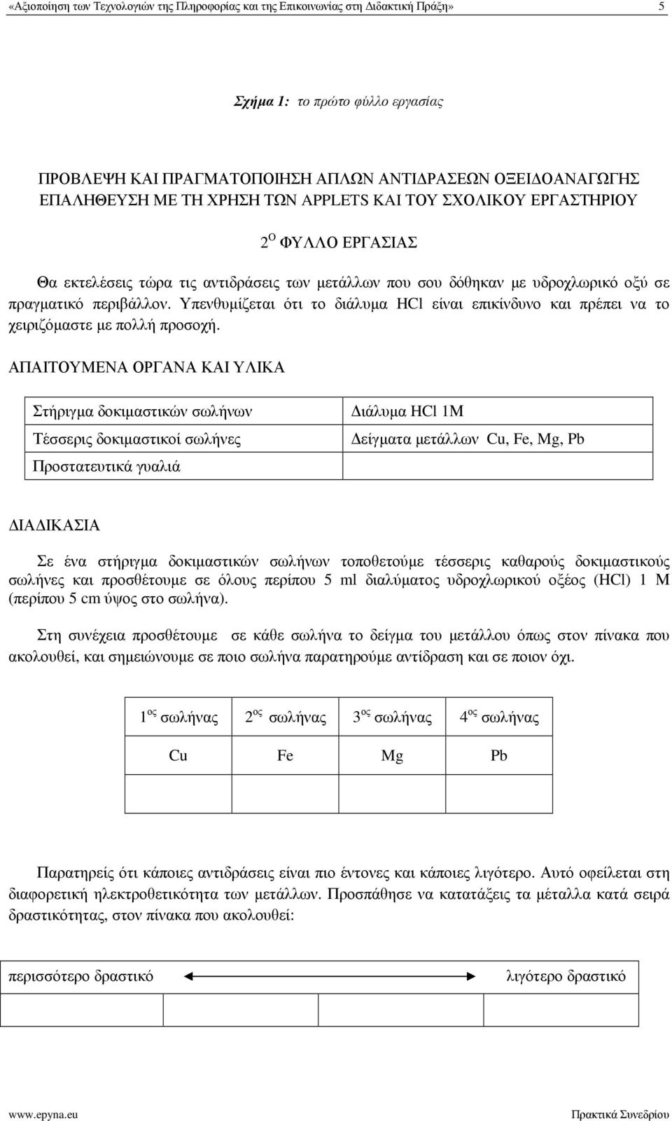 Υπενθυµίζεται ότι το διάλυµα HCl είναι επικίνδυνο και πρέπει να το χειριζόµαστε µε πολλή προσοχή.