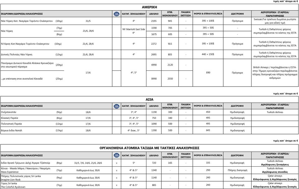 ρωτήστε μας για ειδική τιμή Turkish ή Delta/στους φόρους συμπεριλαμβάνεται το κόστος της ESTA Ν.Υόρκη-Κατ.