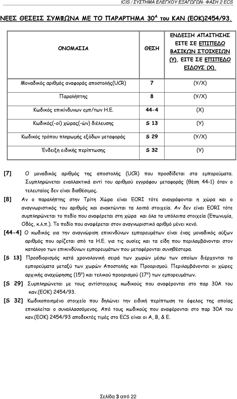 44-4 (X) Κωδικός(-οί) χώρας(-ών) διέλευσης S 13 (Y) Κωδικός τρόπου πληρωμής εξόδων μεταφοράς S 29 (Y/X) Ένδειξη ειδικής περίπτωσης S 32 (Y) [7] Ο μοναδικός αριθμός της αποστολής (UCR) που προσδίδεται