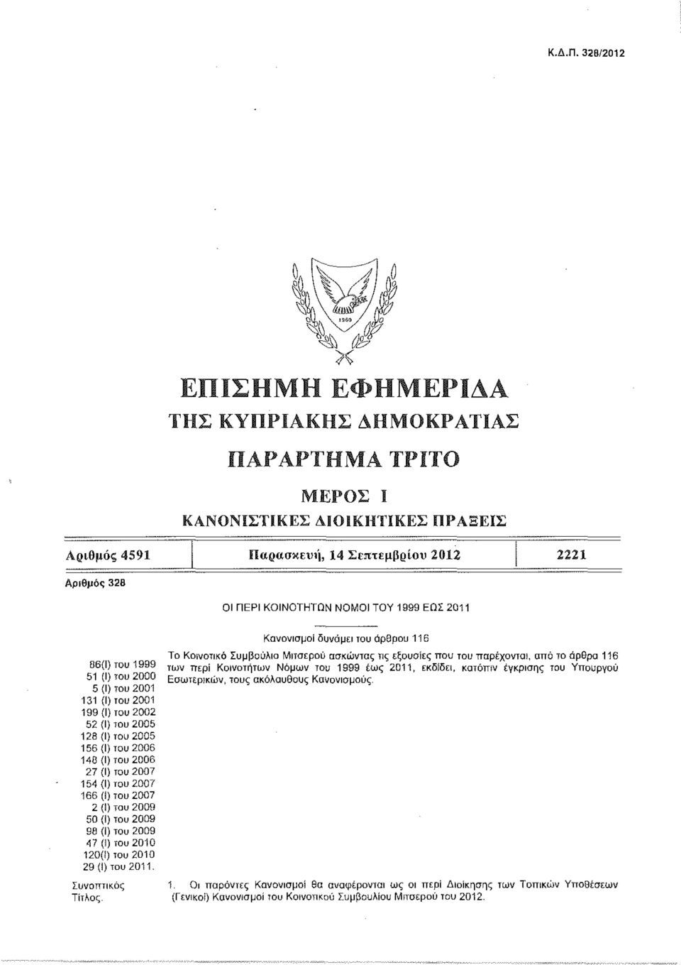 128(1) του 2005 156 (Ι) του 2006 148 (Ι) του 2006 27 (Ι) του 2007 154 (Ι) του 2007 166 (!) του 2007 2 (Ι) του 2009 50 (!) του 2009 98 (!) του 2009 47 (Ι) του 2010 120(f) του 2010 29 (!) του 2011.