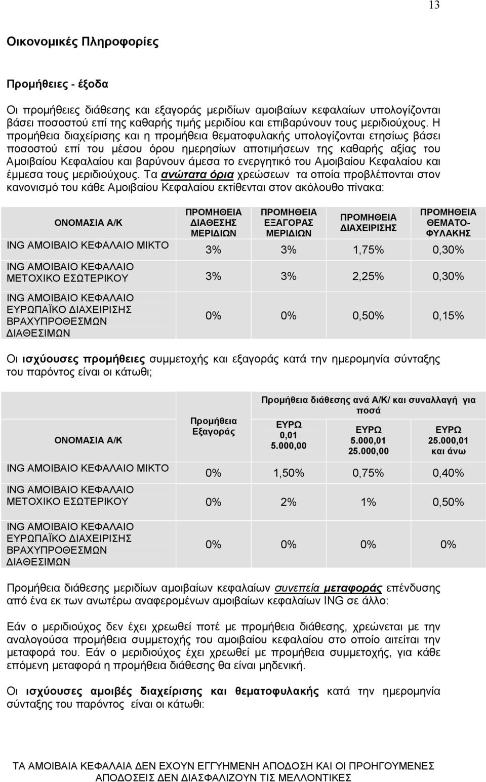 Η προµήθεια διαχείρισης και η προµήθεια θεµατοφυλακής υπολογίζονται ετησίως βάσει ποσοστού επί του µέσου όρου ηµερησίων αποτιµήσεων της καθαρής αξίας του Αµοιβαίου Κεφαλαίου και βαρύνουν άµεσα το