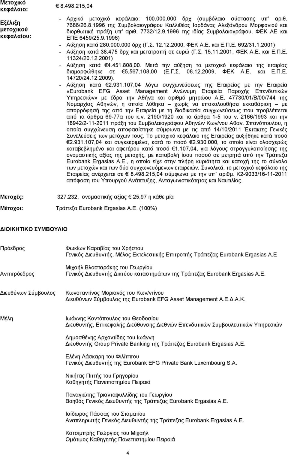 475 δρχ και µετατροπή σε ευρώ (Γ.Σ. 15.11.2001, ΦΕΚ Α.Ε. και Ε.Π.Ε. 11324/20.12.2001) - Αύξηση κατά 4.451.808,00. Μετά την αύξηση το µετοχικό κεφάλαιο της εταιρίας διαµορφώθηκε σε 5.567.108,00 (Ε.Γ.Σ. 08.