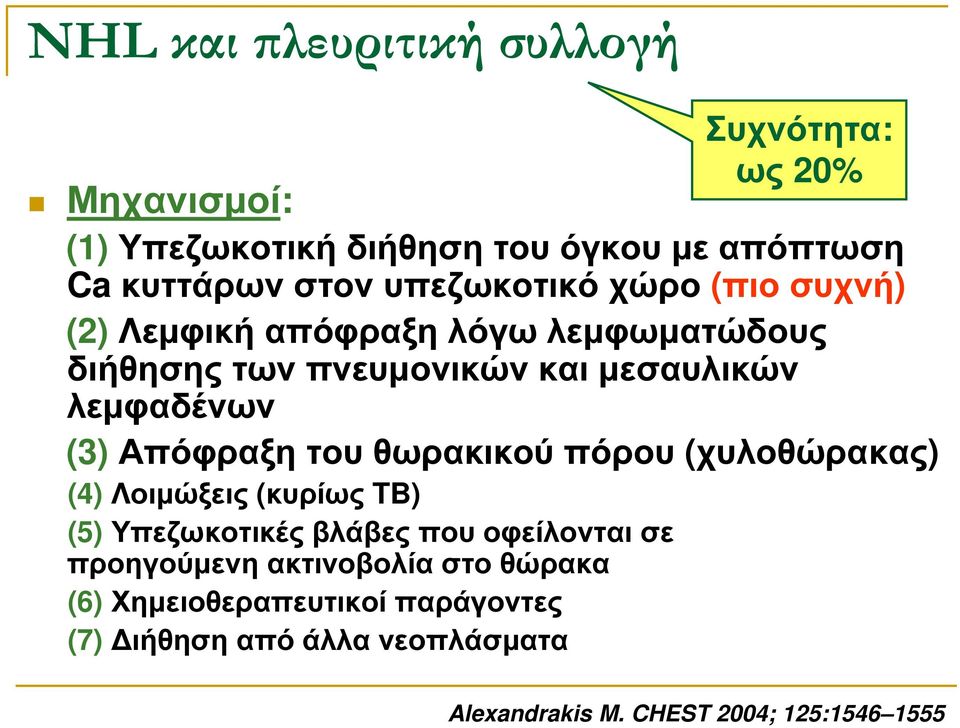 Απόφραξη του θωρακικού πόρου (χυλοθώρακας) (4) Λοιµώξεις (κυρίως TB) (5) Υπεζωκοτικές βλάβες που οφείλονται σε προηγούµενη