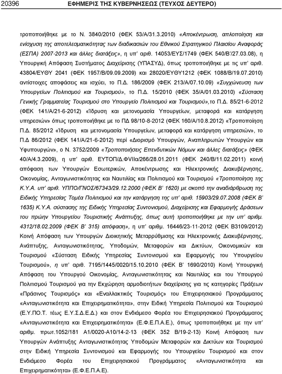 07.2010) αντίστοιχες αποφάσεις και ισχύει, το Π.Δ. 186/2009 (ΦΕΚ 213/Α/07.10.09) «Συγχώνευση των Υπουργείων Πολιτισμού και Τουρισμού», το Π.Δ. 15/2010 (ΦΕΚ 35/Α/01.03.