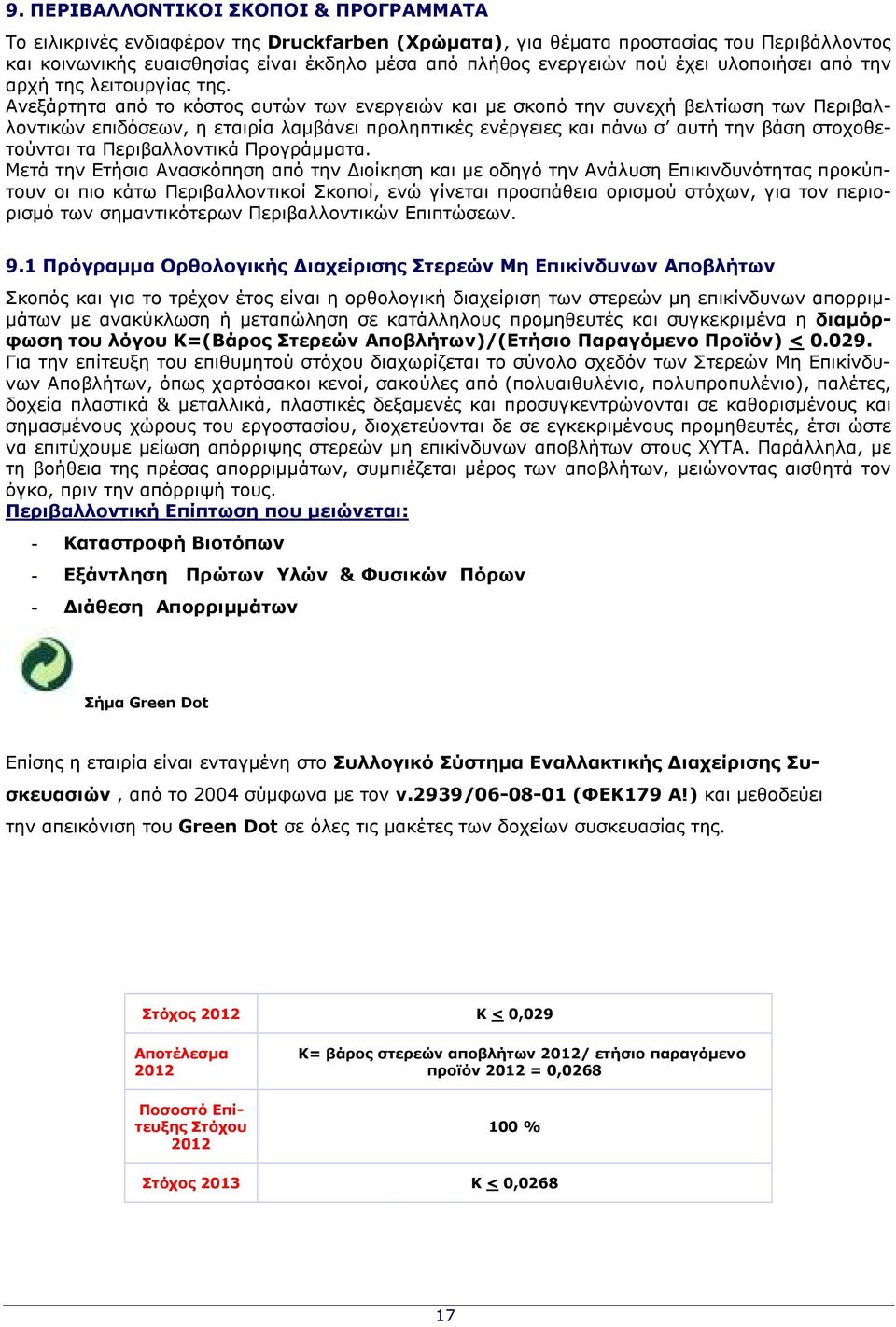 Ανεξάρτητα από το κόστος αυτών των ενεργειών και µε σκοπό την συνεχή βελτίωση των Περιβαλλοντικών επιδόσεων, η εταιρία λαµβάνει προληπτικές ενέργειες και πάνω σ αυτή την βάση στοχοθετούνται τα